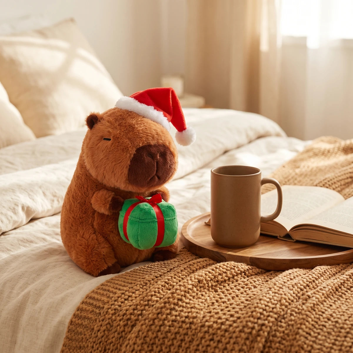 Santa hat capybara plush on a bed next to a coffee mug and an open book