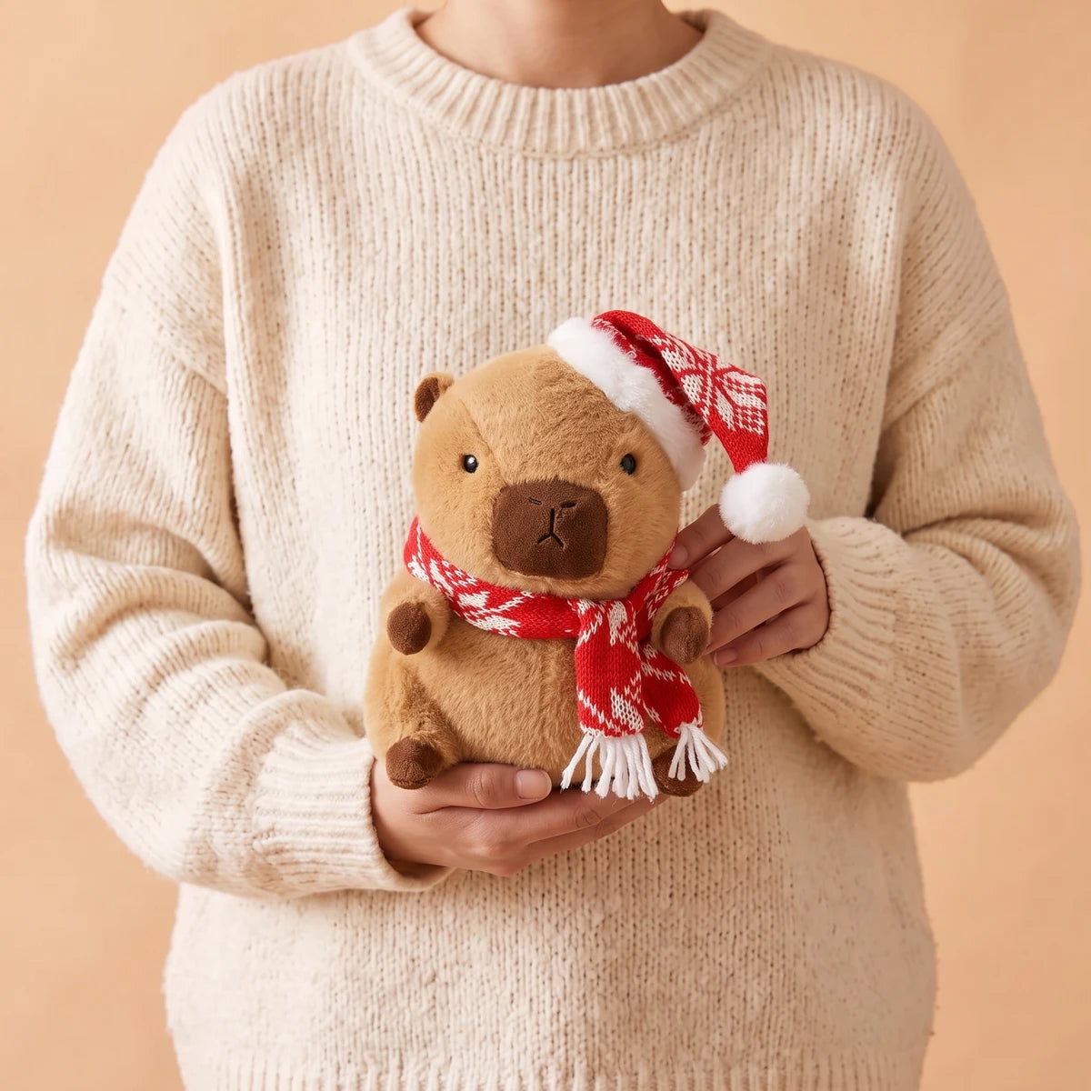 Person in a cream sweater holding the 9 in Christmas capybara plush with a red snowflake knit hat and scarf