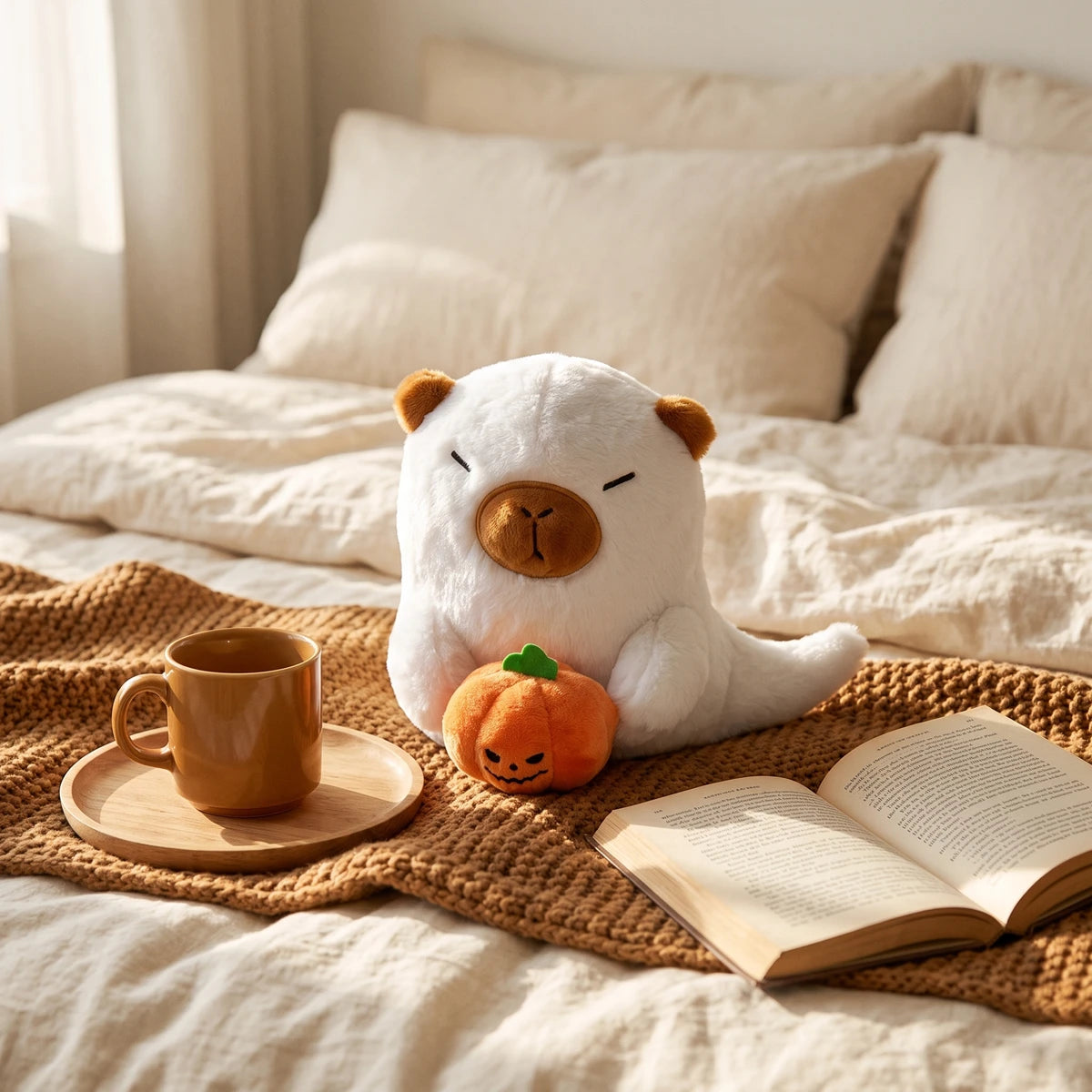 White ghost capybara plush on a bed next to a mug and an open book