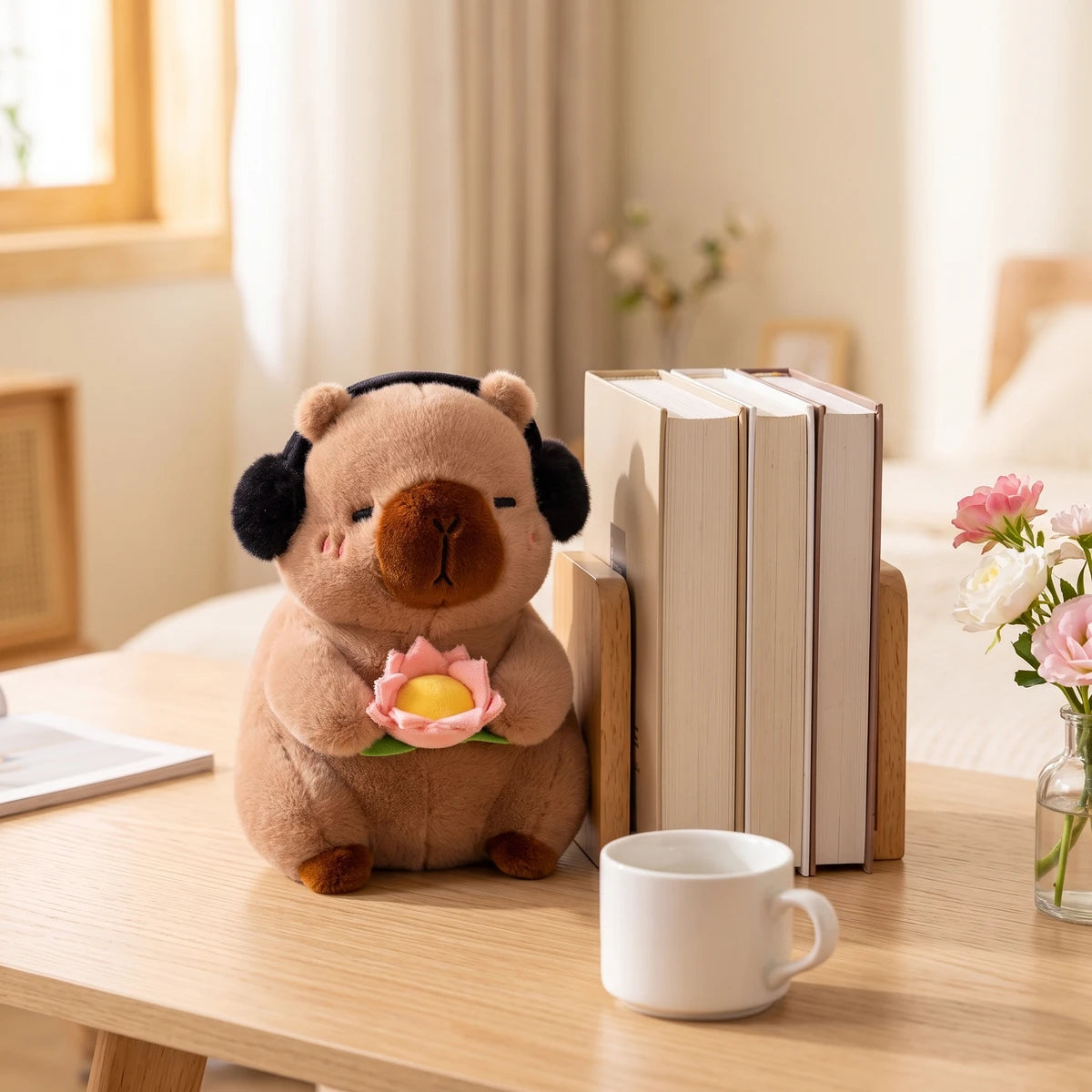 10 in brown headphones capybara plush on a desk next to upright books and a mug