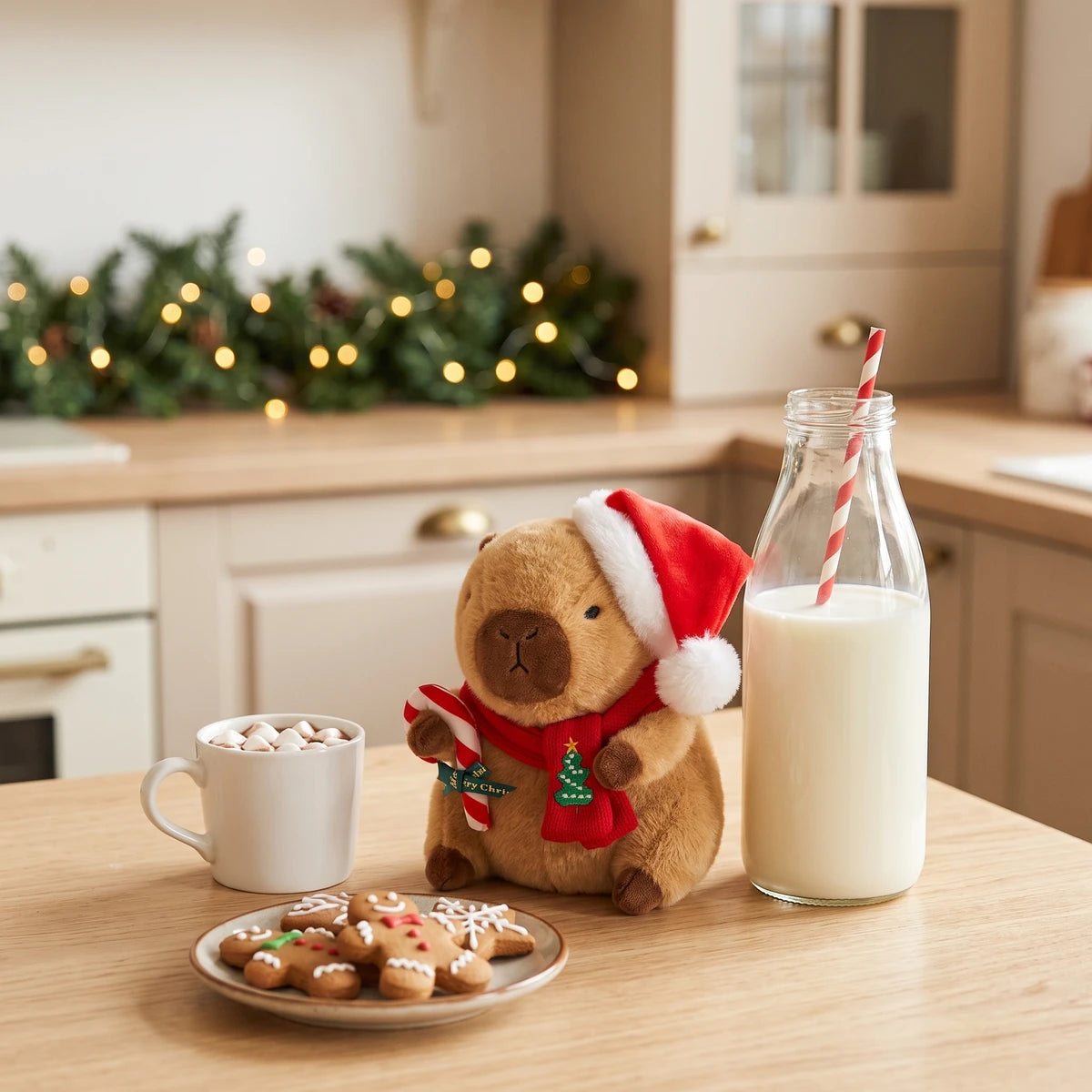 Christmas capybara plush with a Santa hat holding a candy cane on a kitchen counter next to milk and gingerbread cookies