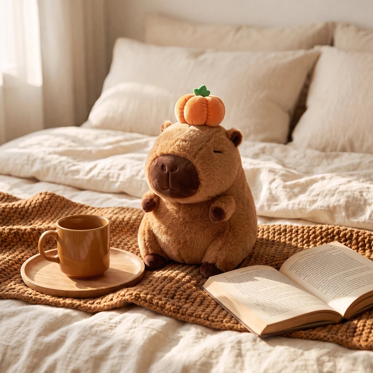 Capybara with pumpkin on head plush on a bed next to a coffee mug and an open book