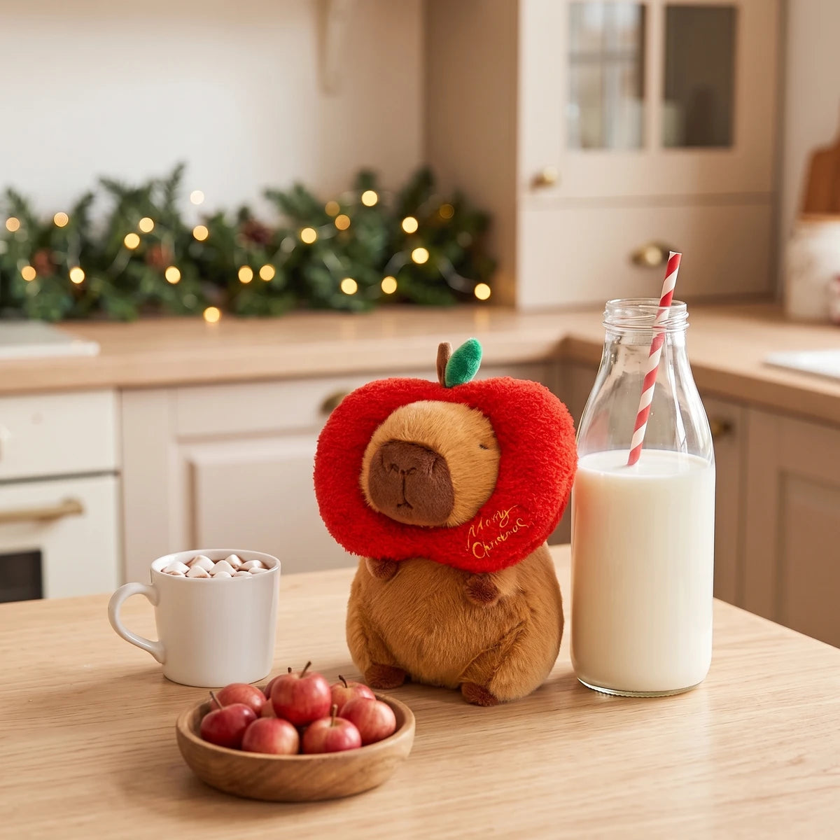 Christmas apple capybara plush on a kitchen counter next to a bottle of milk and red apples