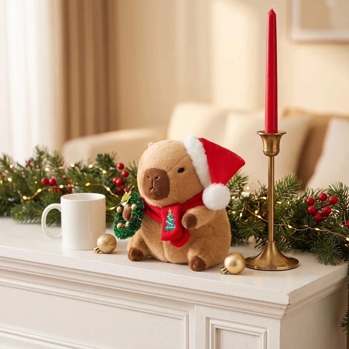 Christmas capybara plush with a Santa hat holding a green wreath on a fireplace mantel next to a red candle and a mug