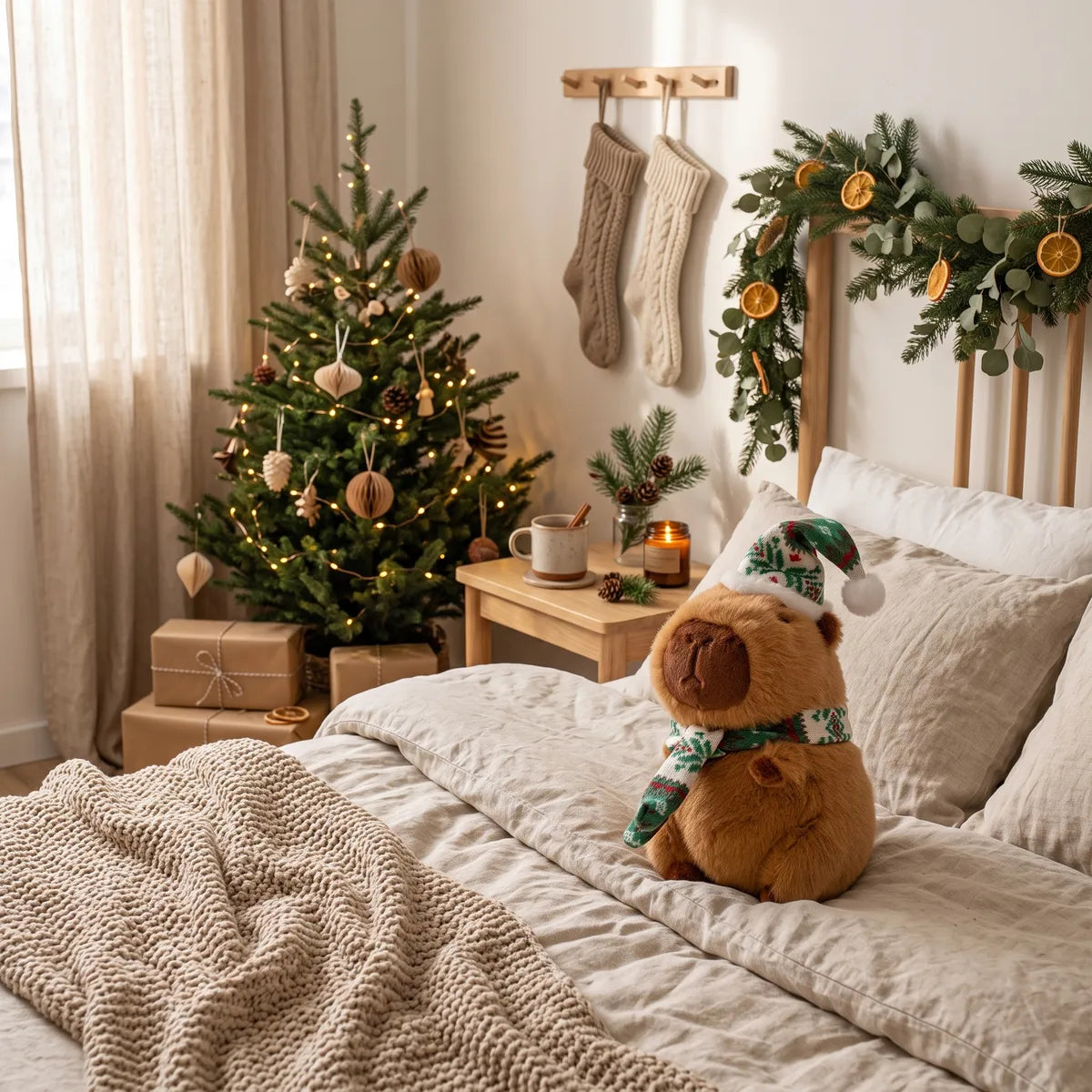 Christmas capybara plush with a green and white knit hat and scarf on a bed in a bedroom decorated for Christmas