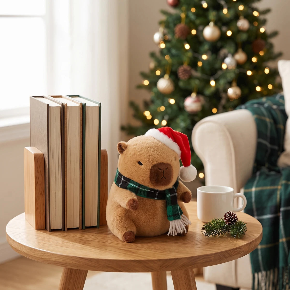 Christmas capybara plush with a Santa hat and a green plaid scarf on a side table next to books and a mug