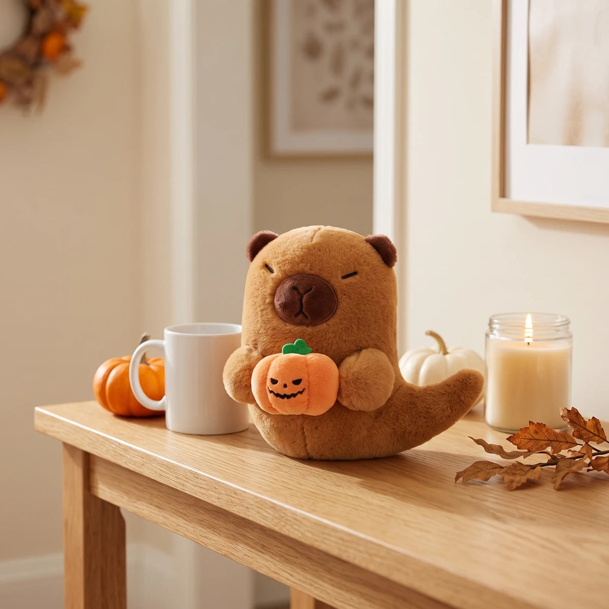 Ghost capybara plush on a console table beside a coffee mug, mini pumpkins and a candle