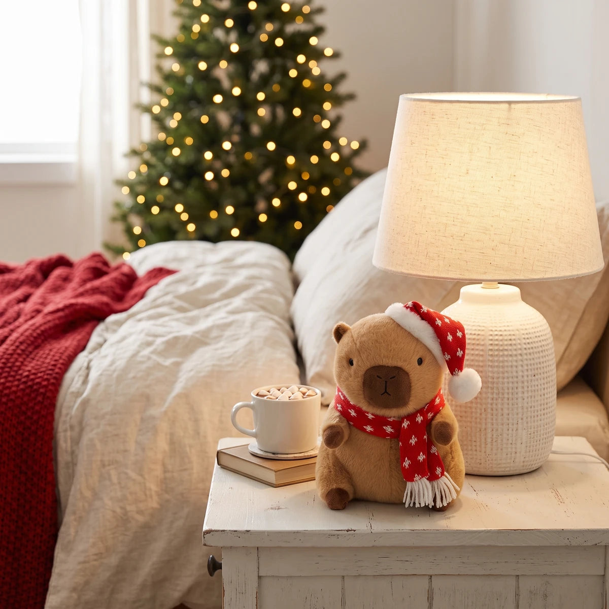 Christmas capybara plush with a red knit hat and scarf dotted with snowflakes on a bedside table next to a lamp and a mug