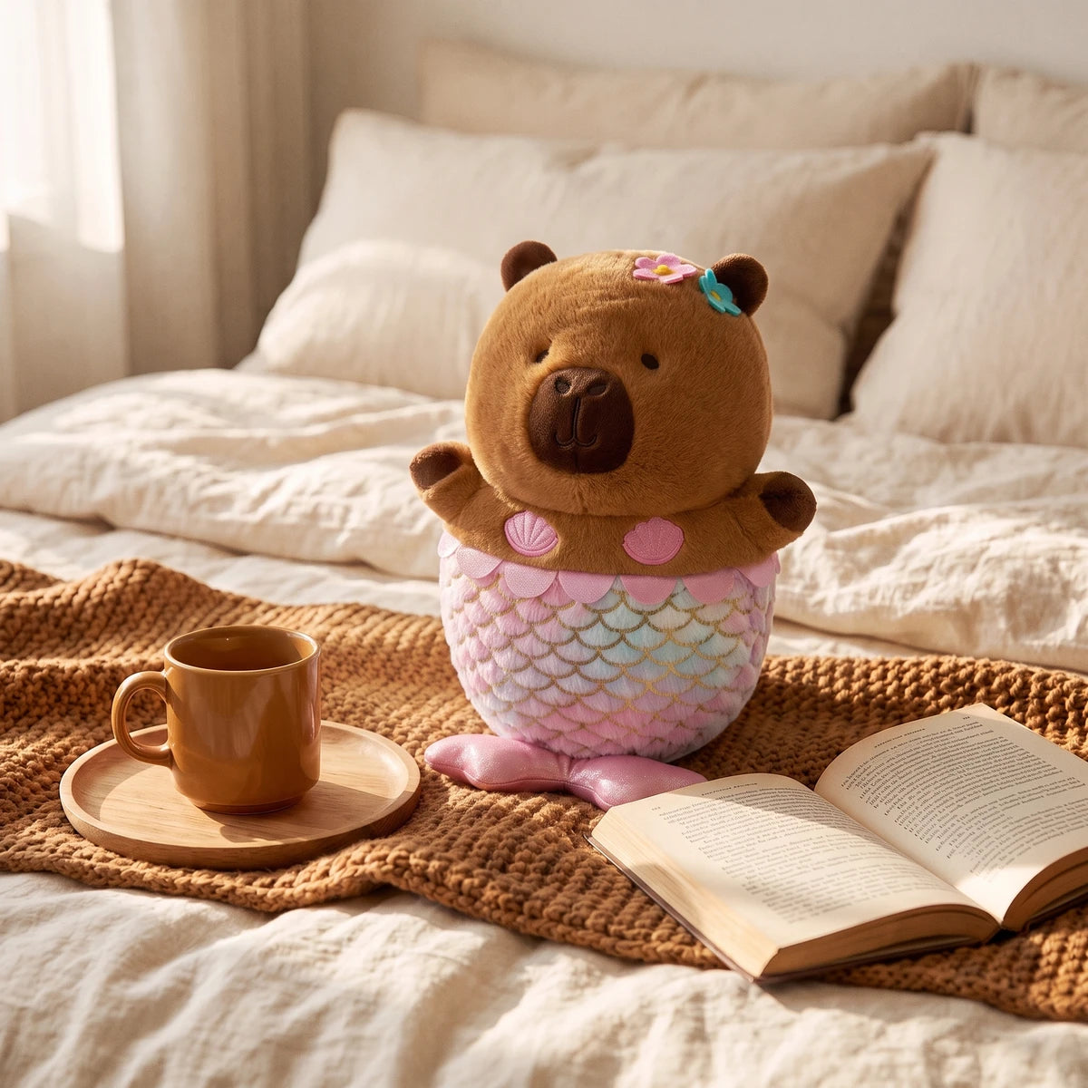 Mermaid capybara plush on a bed next to a coffee mug and an open book