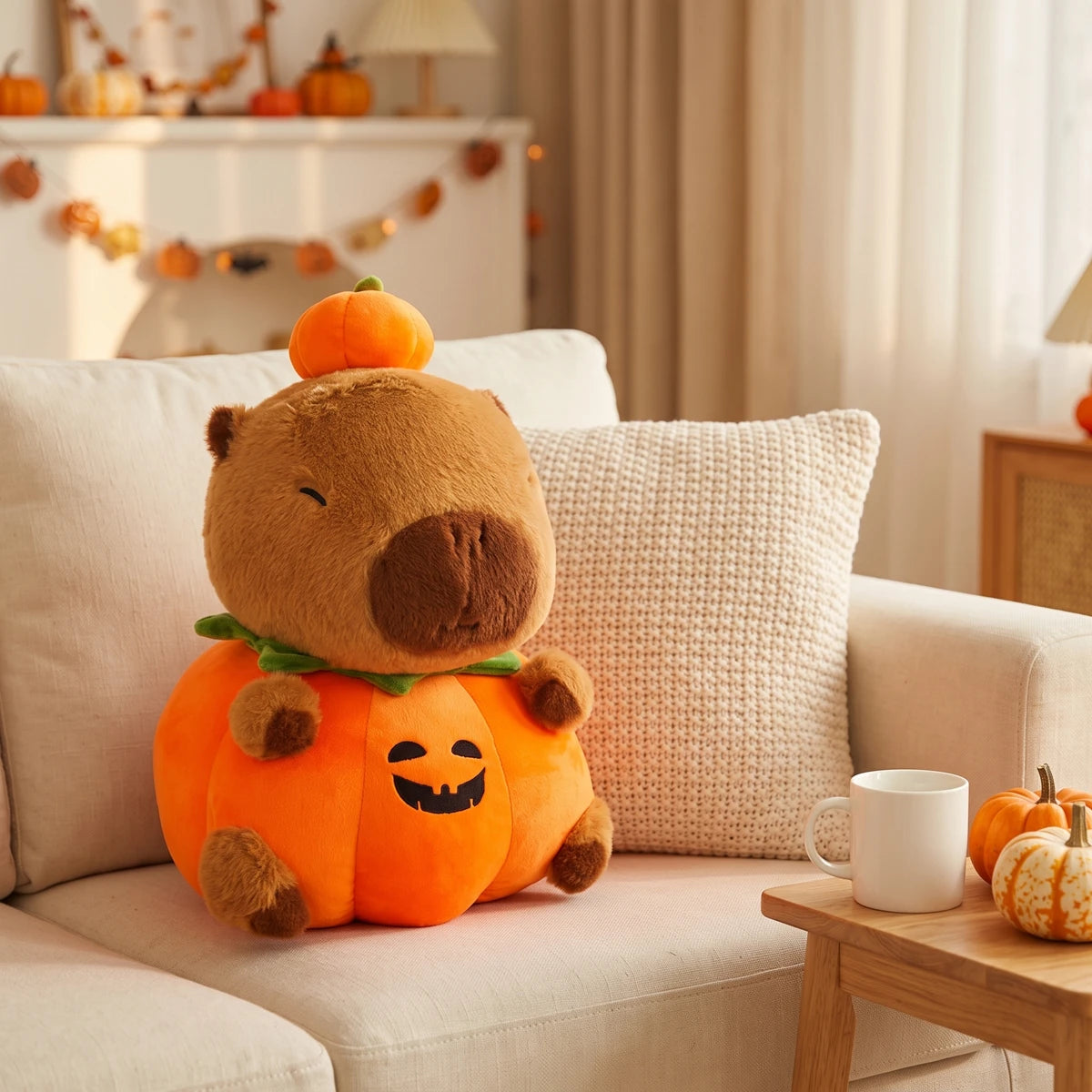 24 in pumpkin capybara plush in a living room beside a mug and two mini pumpkins
