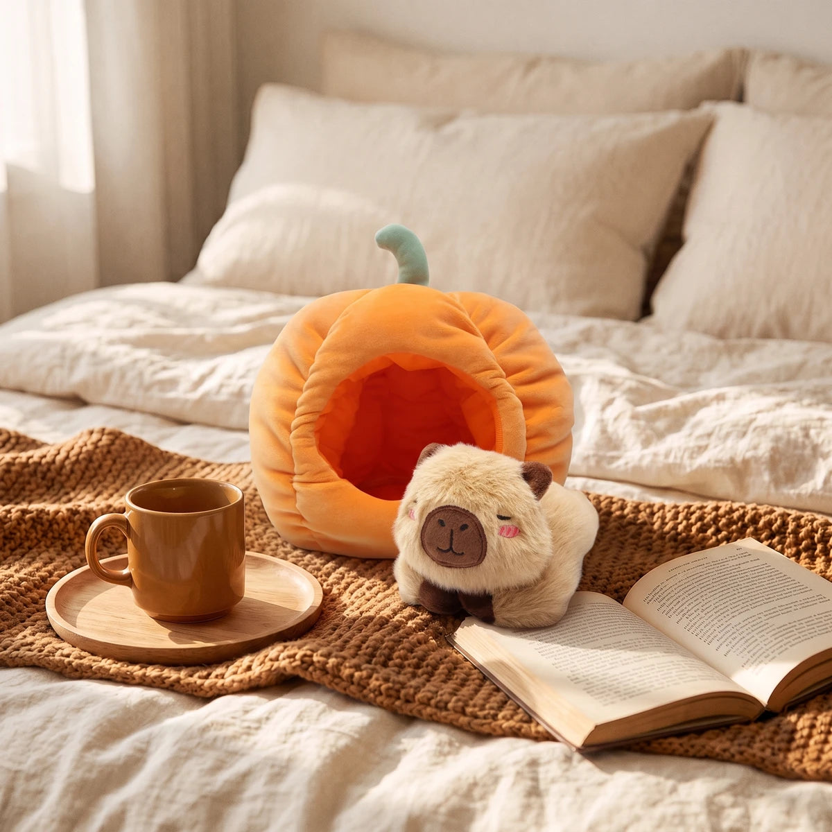 Pumpkin house capybara plush set on a bed next to a coffee mug and an open book