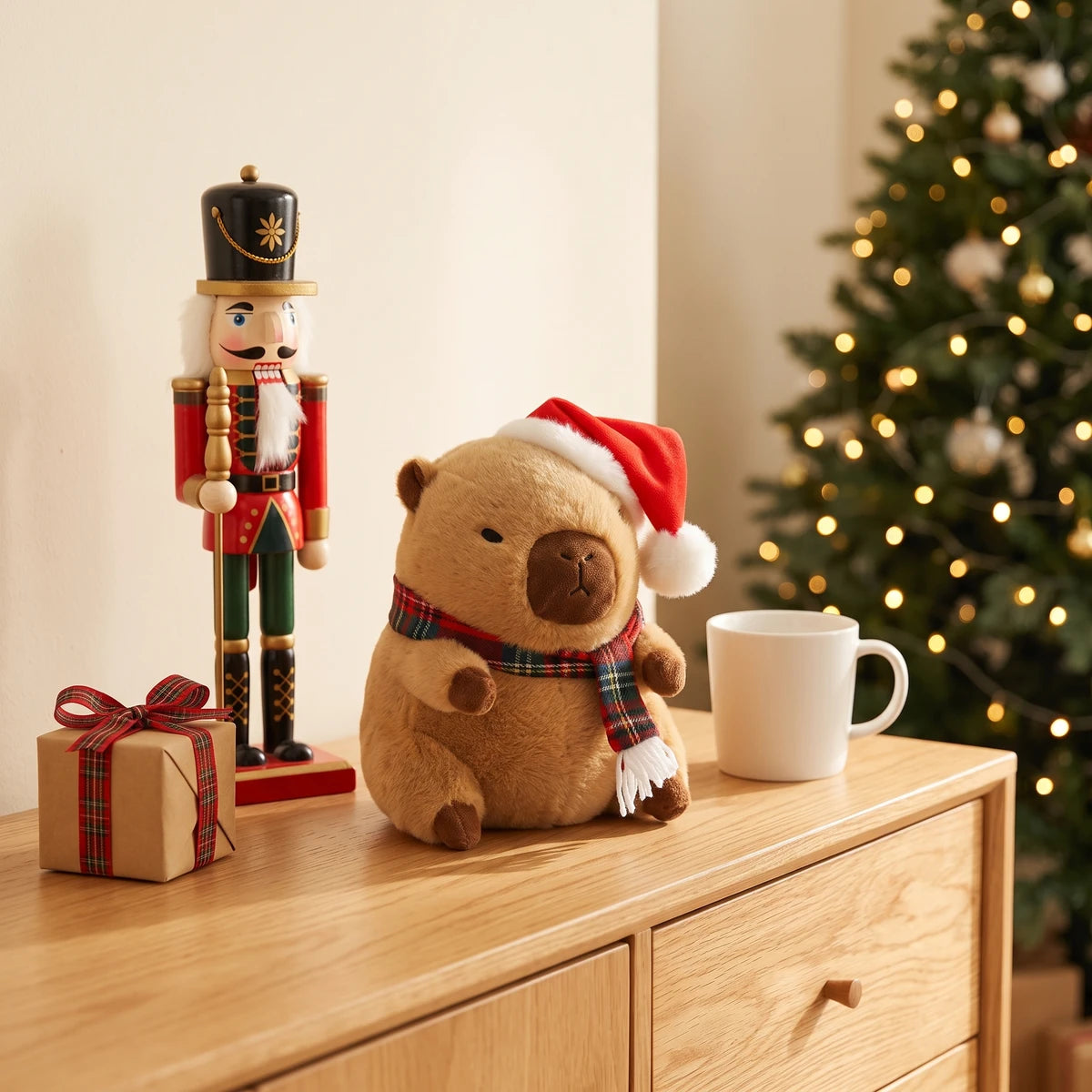 Christmas capybara plush with a Santa hat and a red tartan scarf on a sideboard next to a nutcracker and a mug