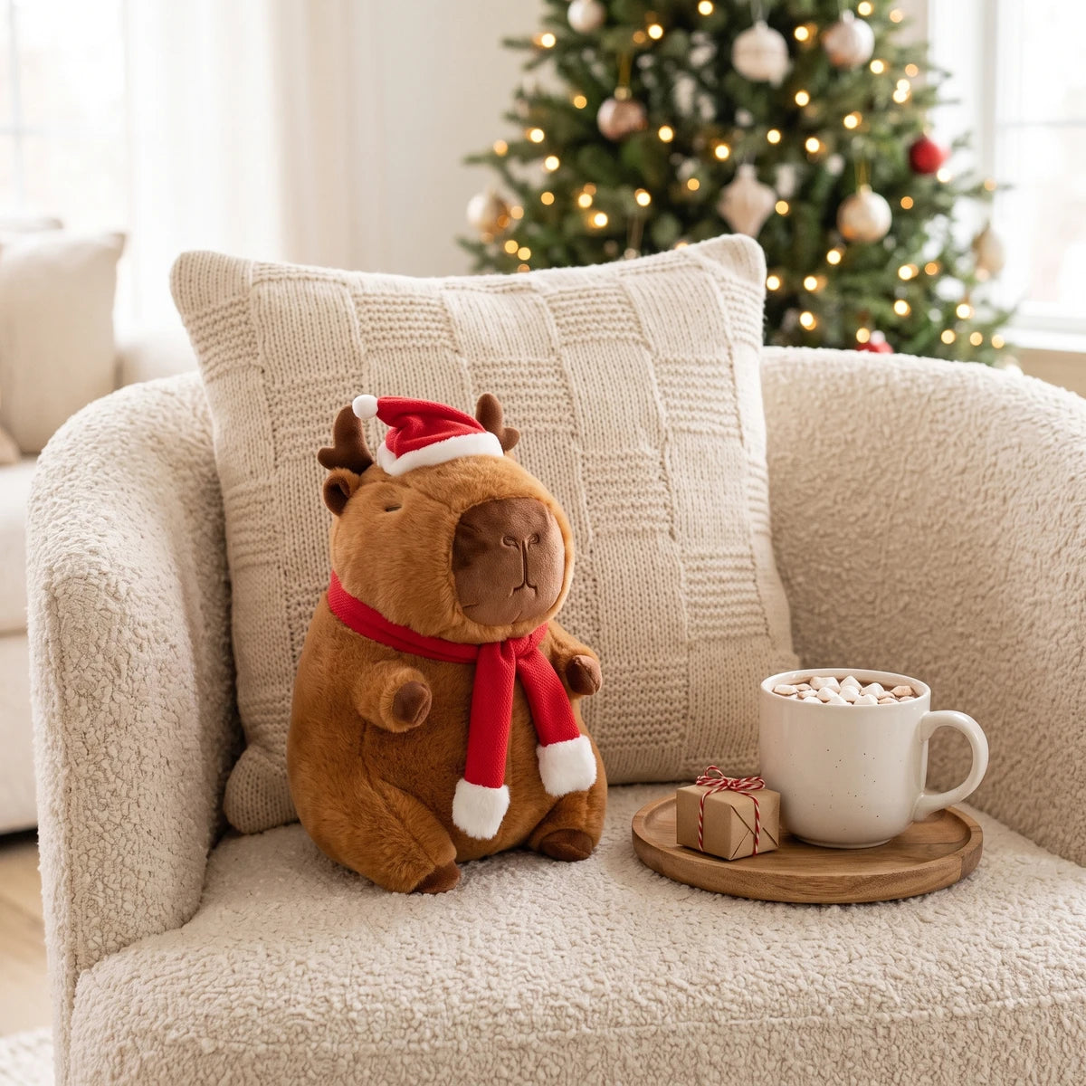 Reindeer capybara plush on an armchair in front of a throw pillow, next to a mug of hot chocolate
