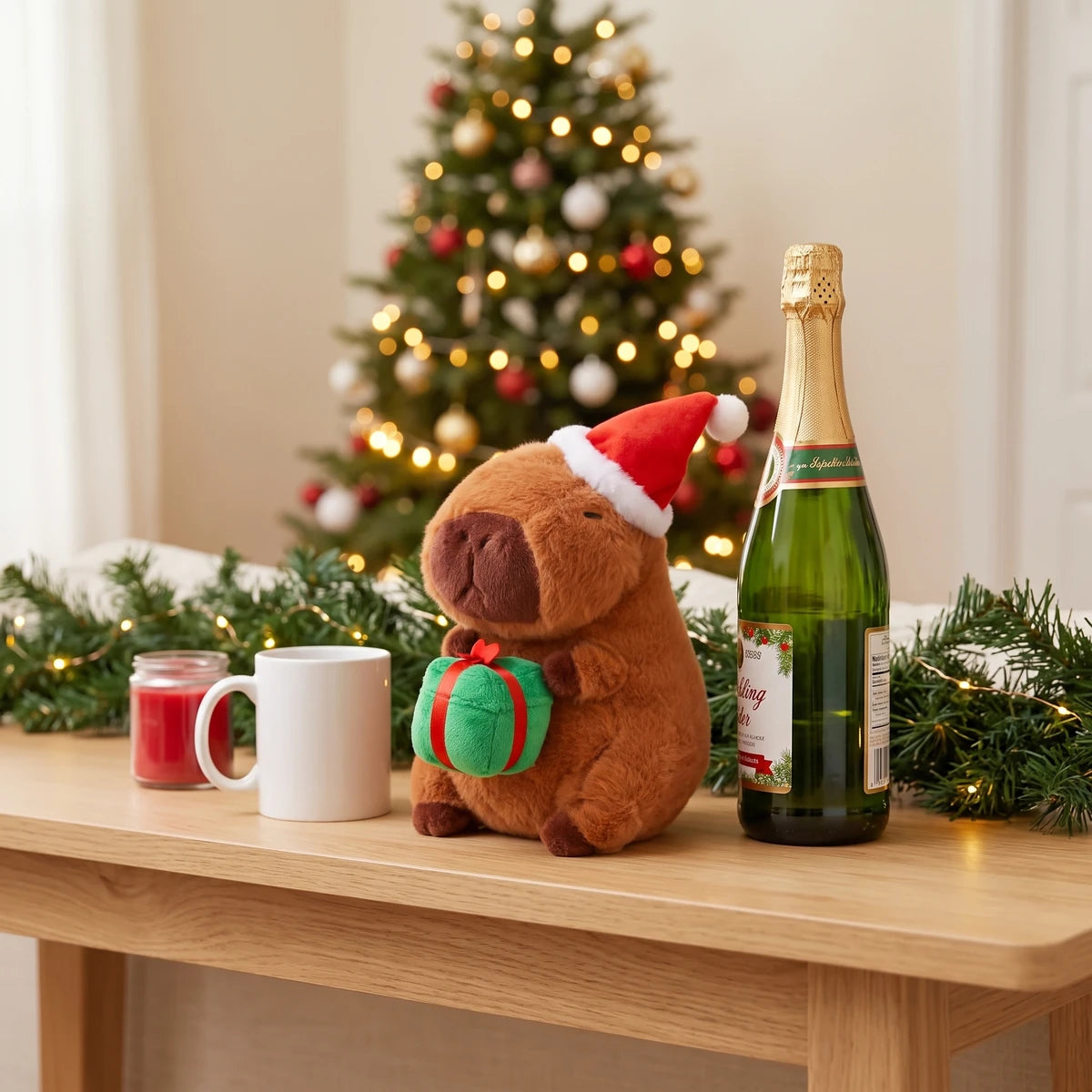 Santa hat capybara plush on a console table next to a mug and a bottle, Christmas tree behind
