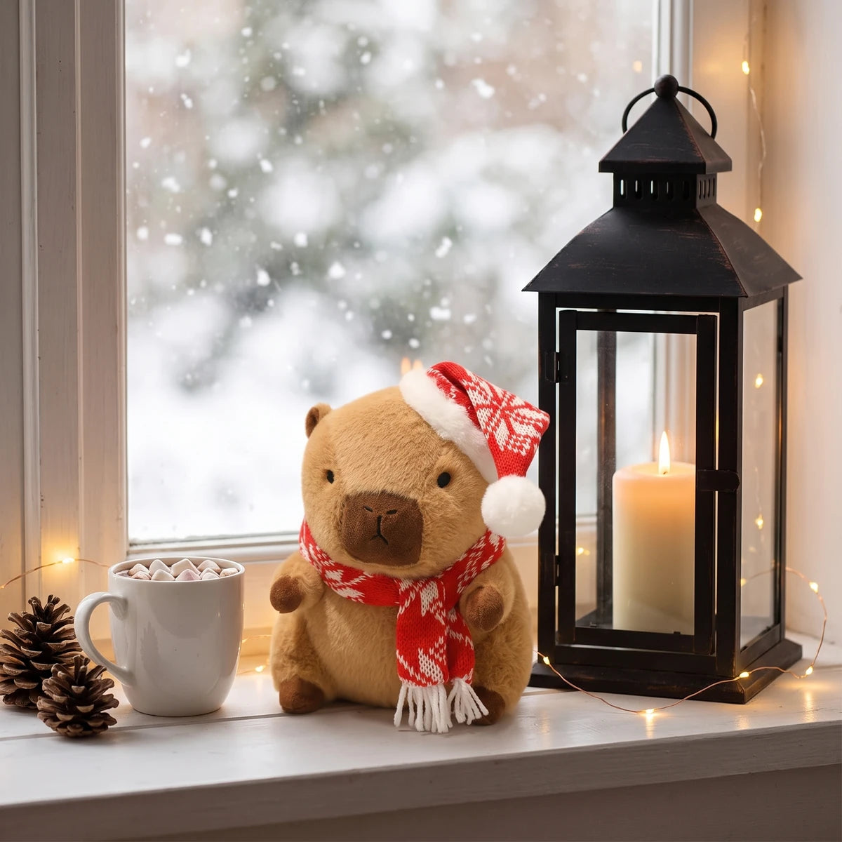 Christmas capybara plush with a red snowflake knit hat and scarf on a windowsill next to a lantern and a mug
