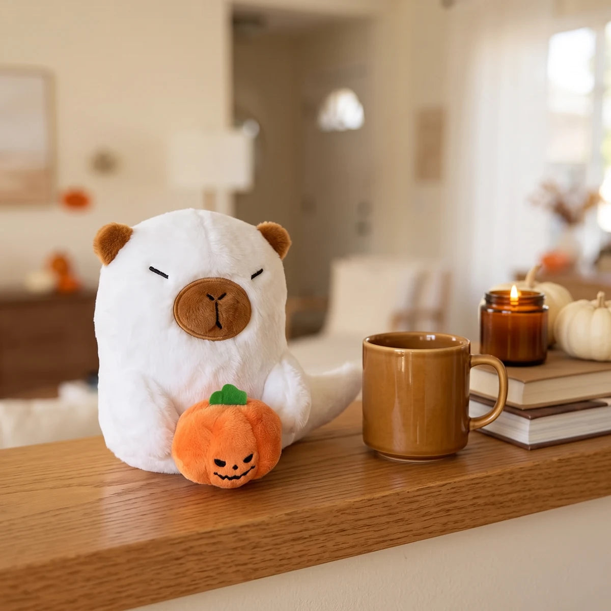 White ghost capybara plush on a wooden counter beside a mug, books and a candle