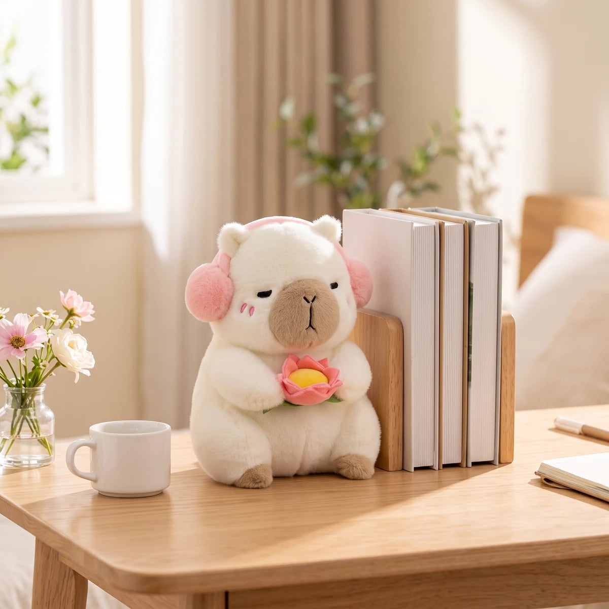 10 in white headphones capybara plush on a desk next to upright books and a mug