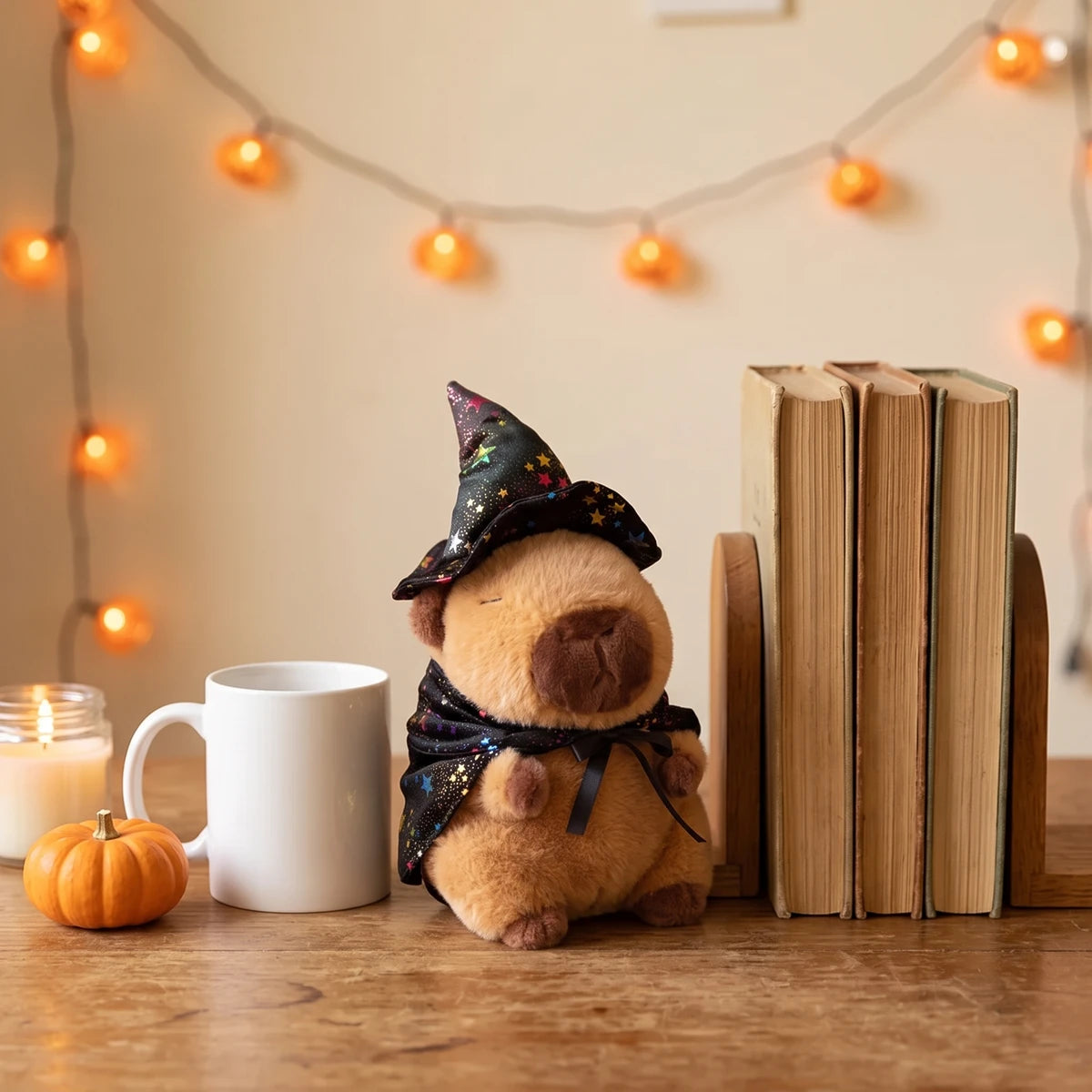 Witch capybara plush on a desk next to old books, a mug and a mini pumpkin