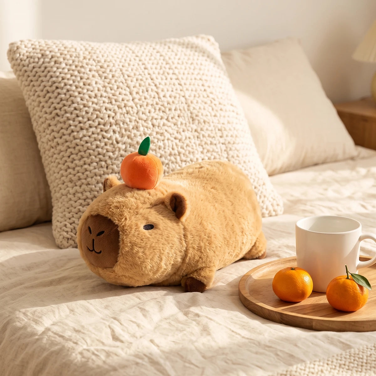 12 in lying capybara plush on a bed next to a mug and tangerines