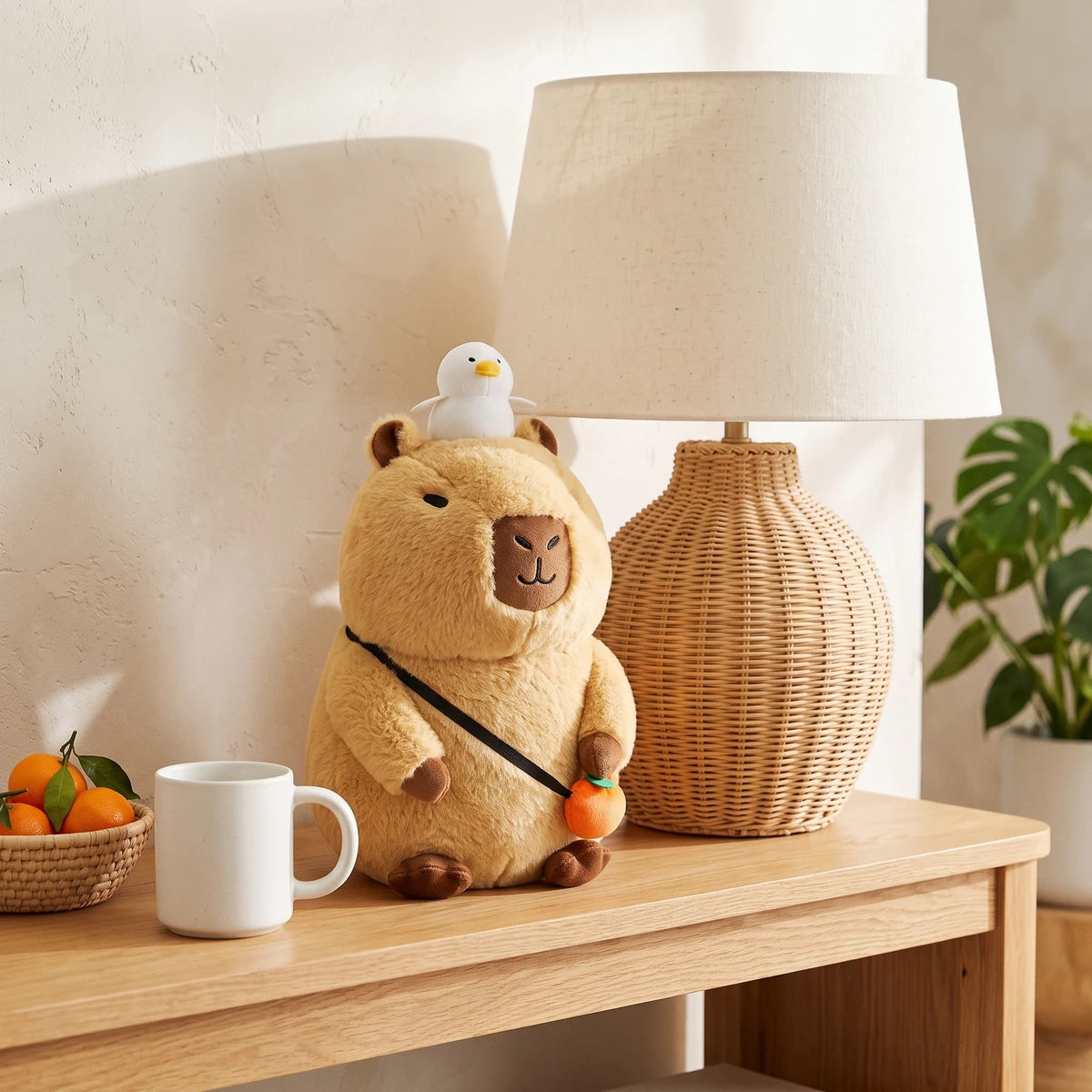 12 in capybara plush with orange bag on a console next to a lamp and a mug