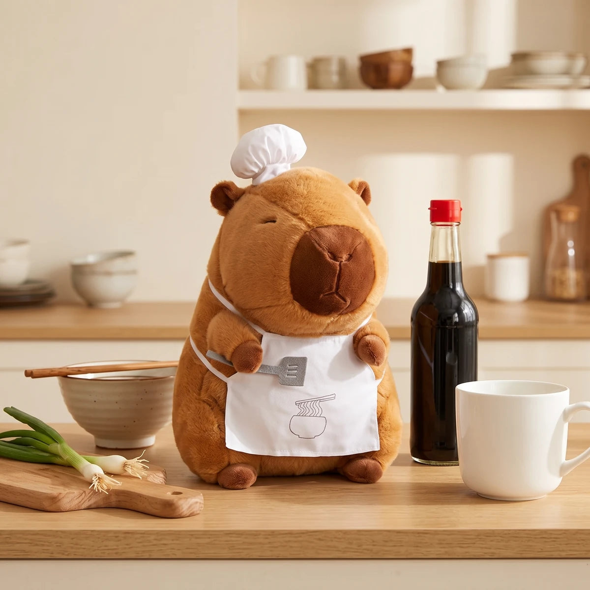 14 in ramen chef capybara plush on a kitchen counter next to a soy sauce bottle, a mug and a ramen bowl