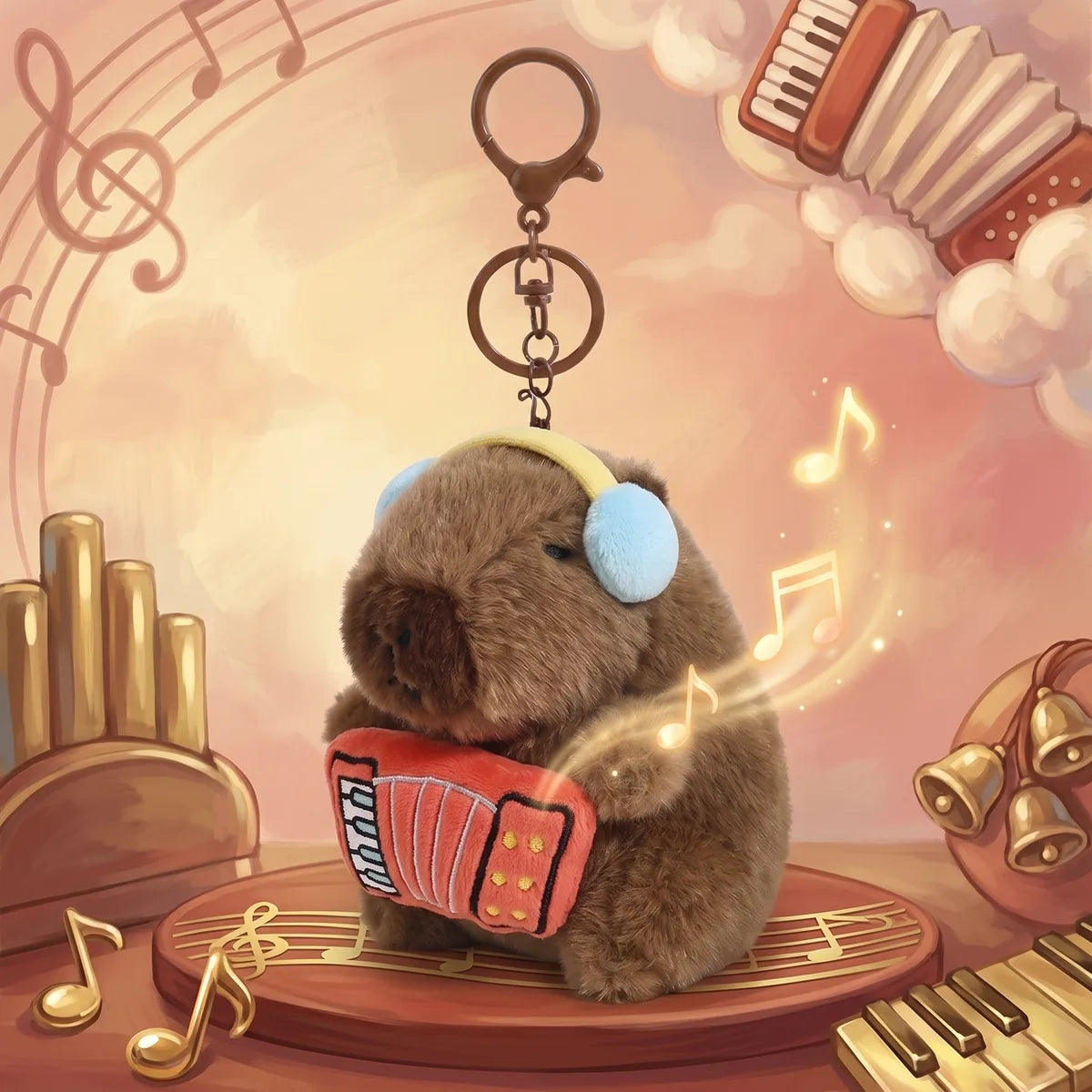 Accordion capybara keychain playing a red accordion in a warm golden concert scene with brass horns