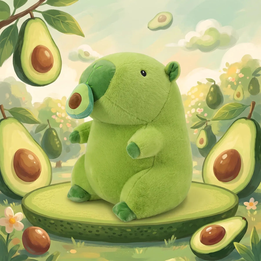 Green avocado capybara plush seated on a giant avocado half in a painted orchard