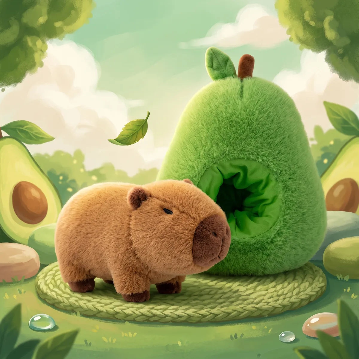 Avocado house capybara plush set shown in an illustrated green garden, the brown capybara beside its avocado shell