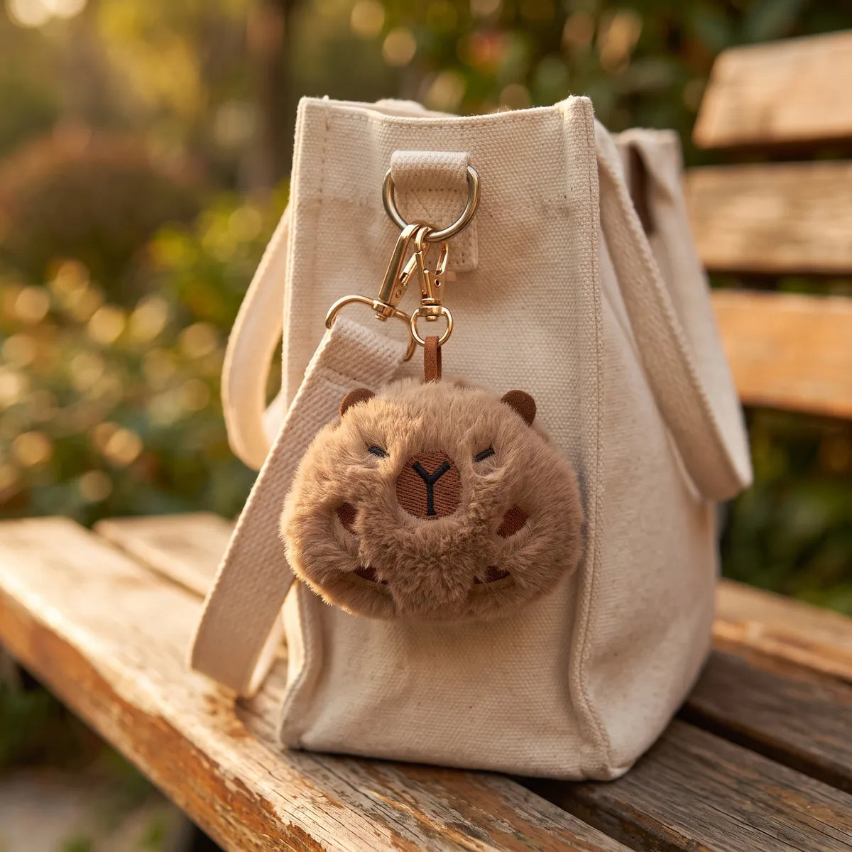 Ball capybara keychain clipped to the handle of a canvas tote bag on a park bench