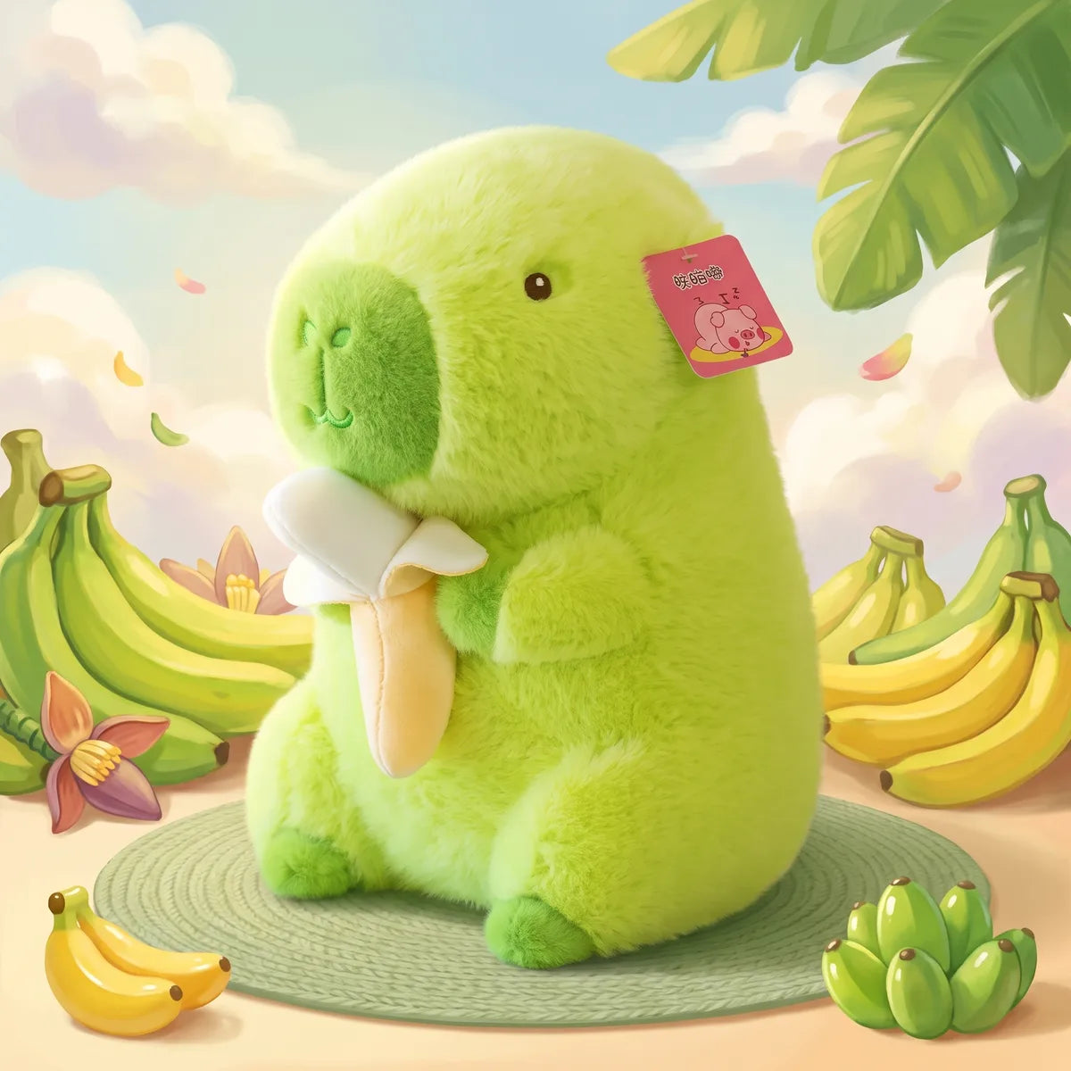 Green banana capybara plush holding a peeled banana among bunches of bananas