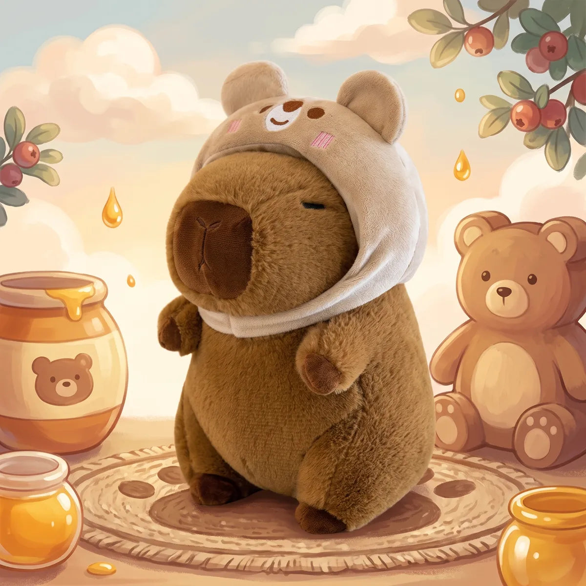 Bear capybara plush sitting among honey pots in an illustrated teddy bear scene