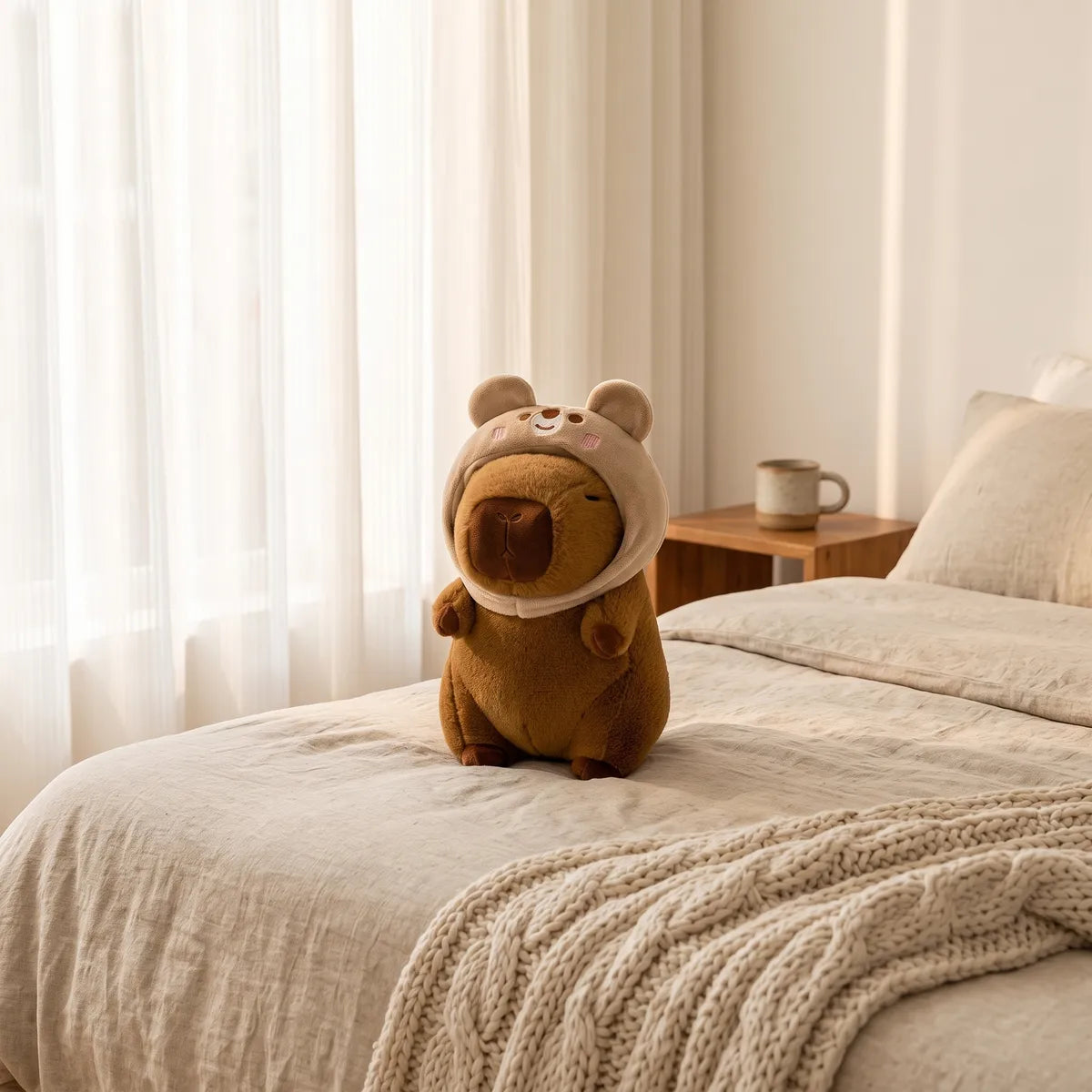 Bear capybara plush resting on a made bed in a bright bedroom