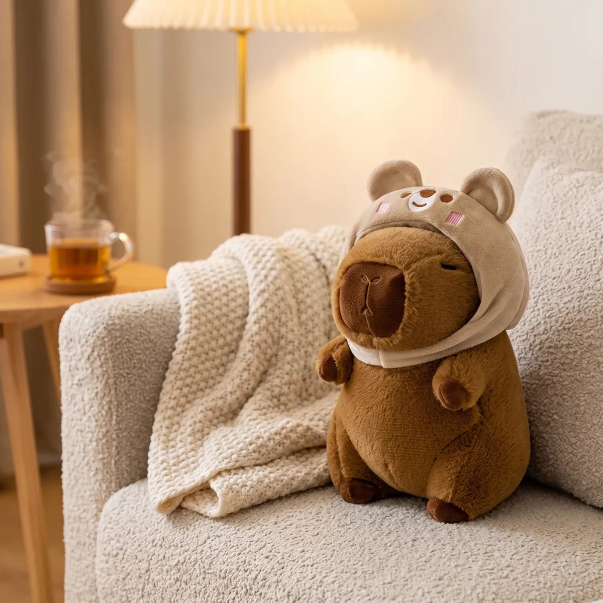 Bear capybara plush sitting on a boucle sofa beside a lit floor lamp