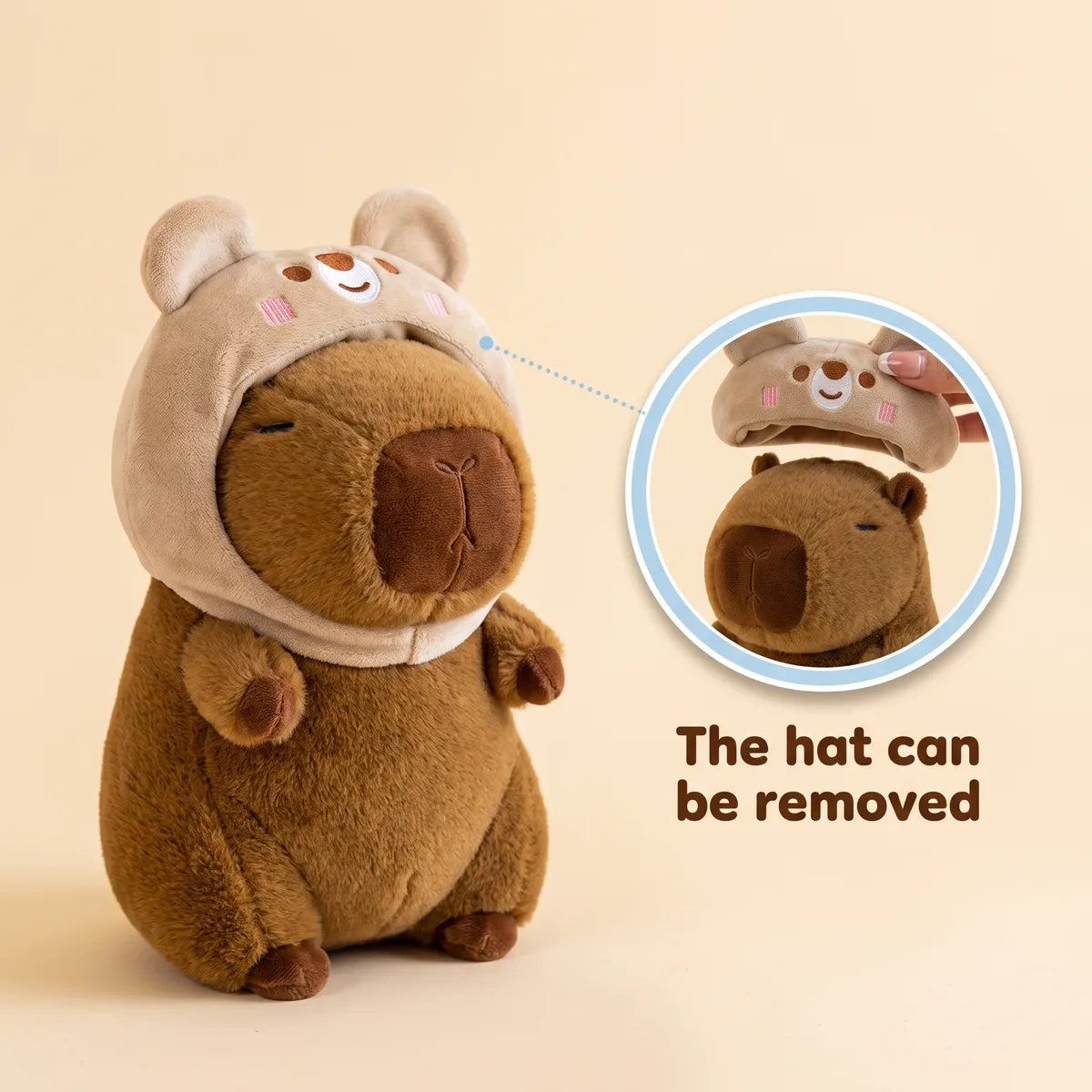 Bear capybara plush shown with the teddy hood lifted off the head