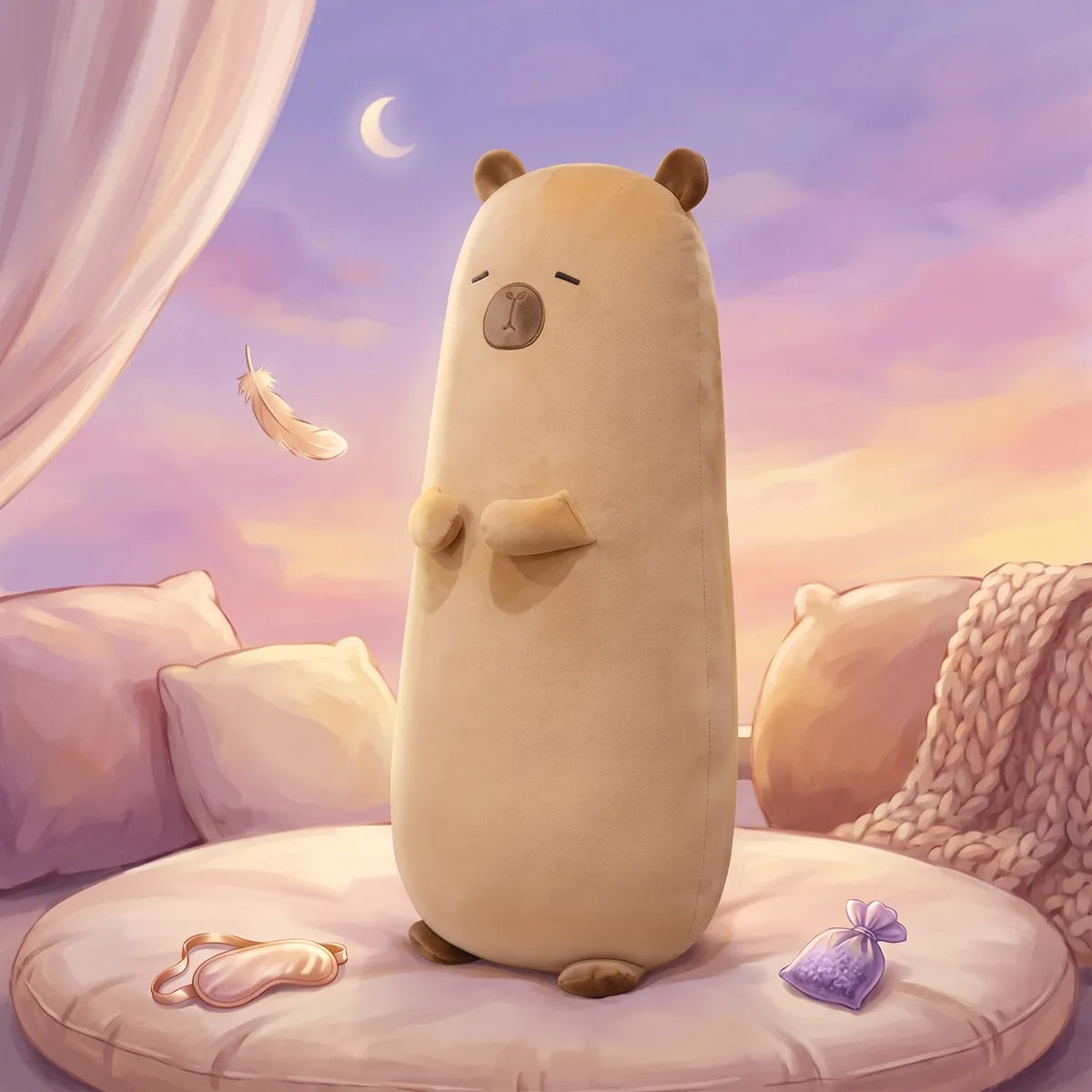 Illustrated scene of the big capybara stuffed animal plush standing on a round cushion at sunset beside a sleep mask.