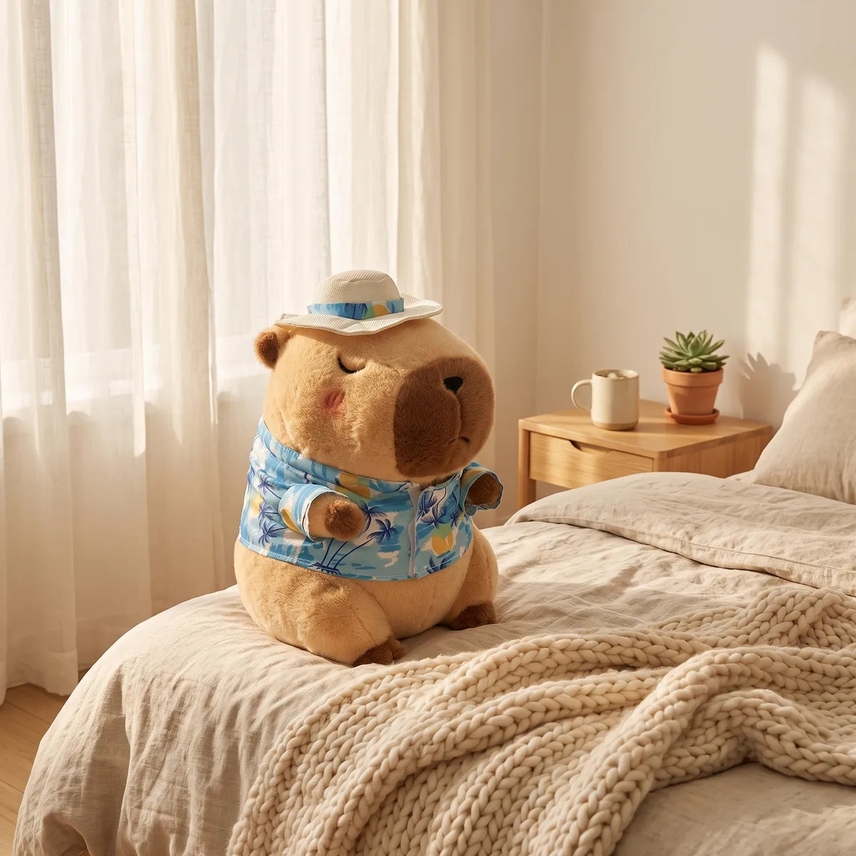 Brown capybara stuffed animal in its beach shirt seated on a linen bed next to a folded knit blanket