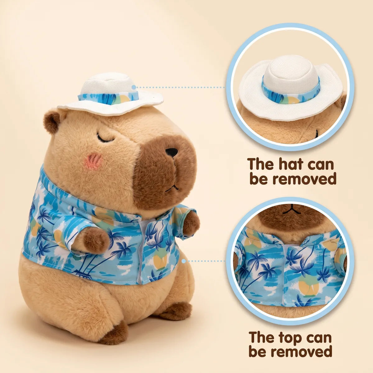 Product diagram showing the white hat and the palm print shirt lifting off the brown capybara stuffed animal