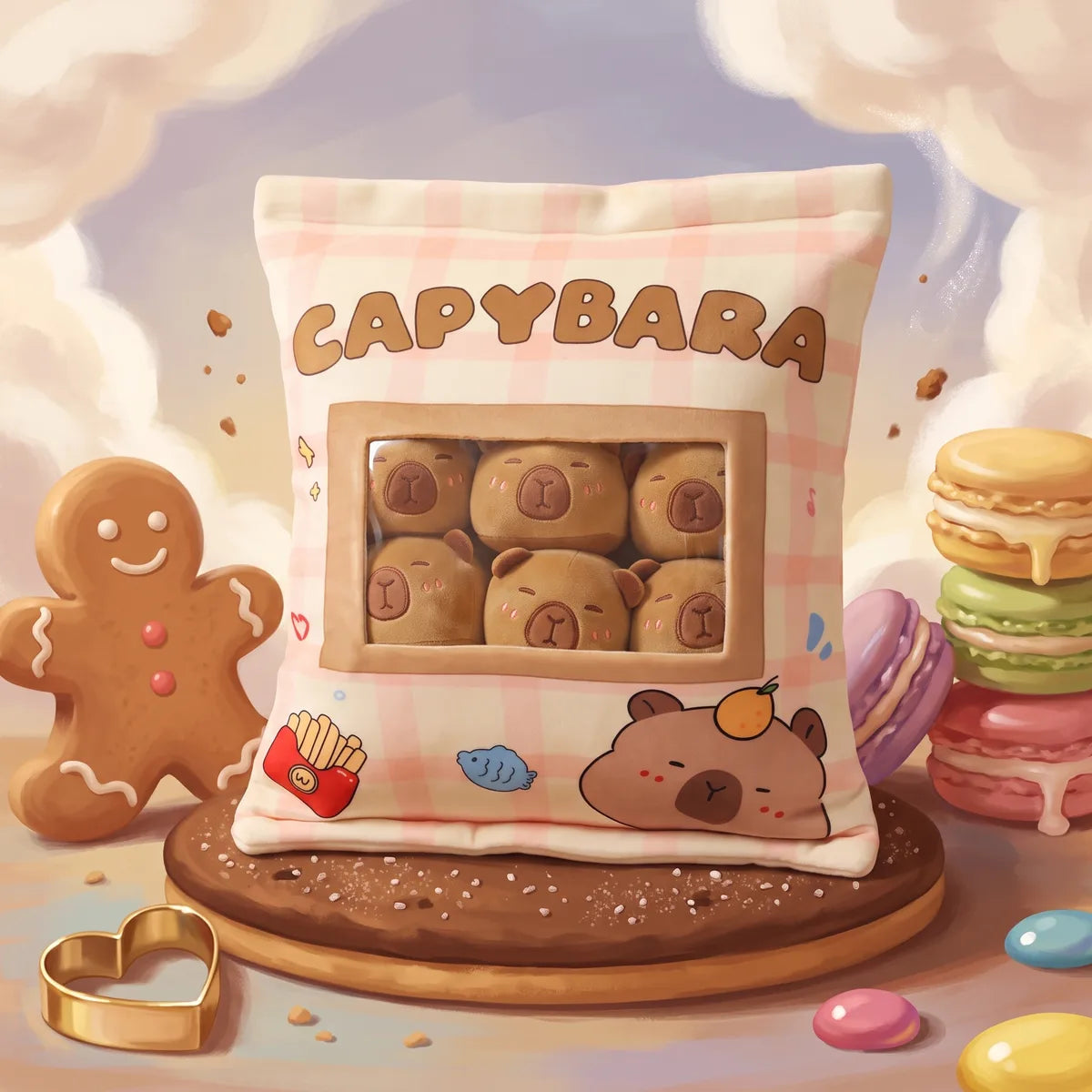 Brown mini capybara plush set in its gingham snack bag pillow, staged with a gingerbread man and stacked macarons