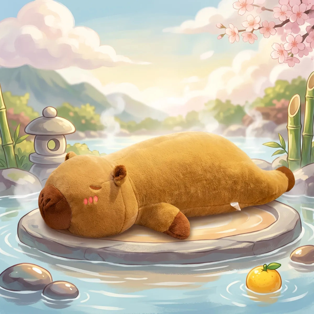 Brown pillow giant capybara plush lying on a stone in an illustrated hot spring