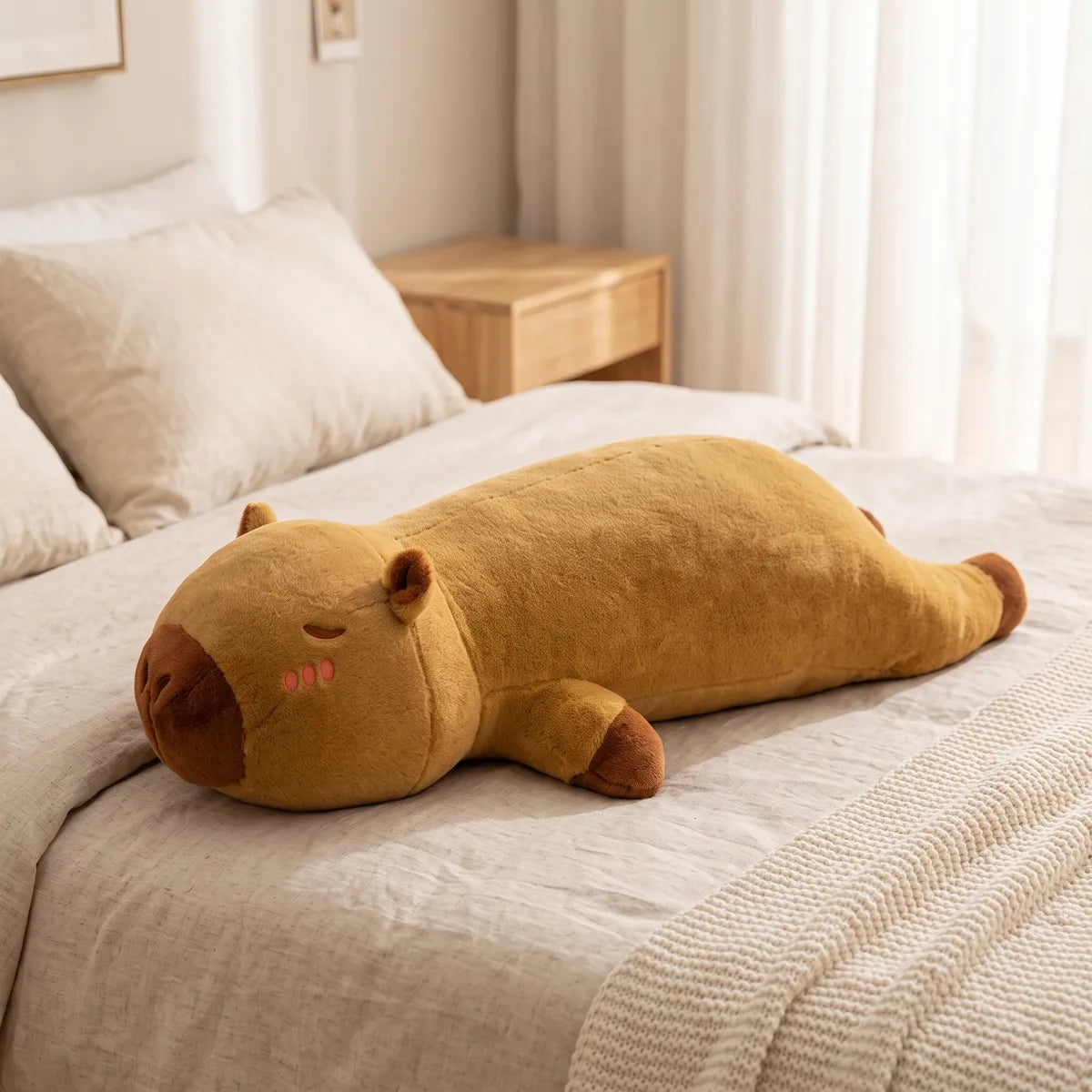 Brown pillow giant capybara plush stretched across a bed