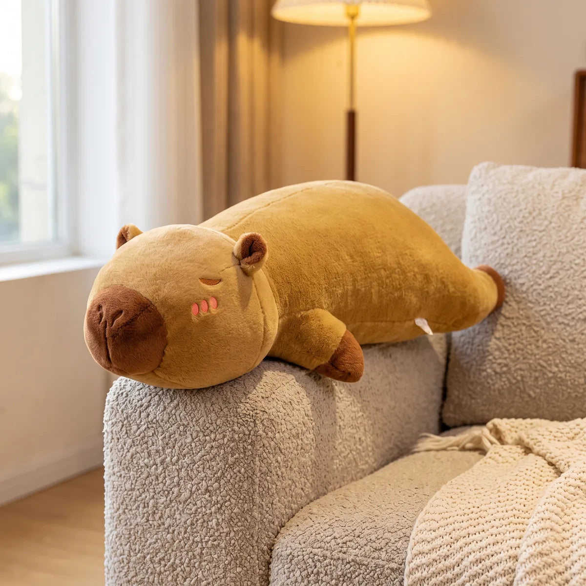 Brown pillow giant capybara plush resting over a sofa armrest