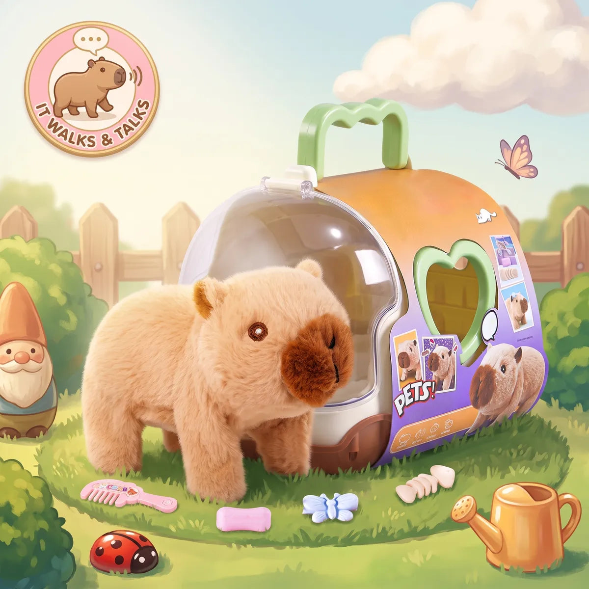 Illustrated garden scene of the brown walking capybara toy beside its orange and purple carry case, with an IT WALKS AND TALKS badge printed in the corner