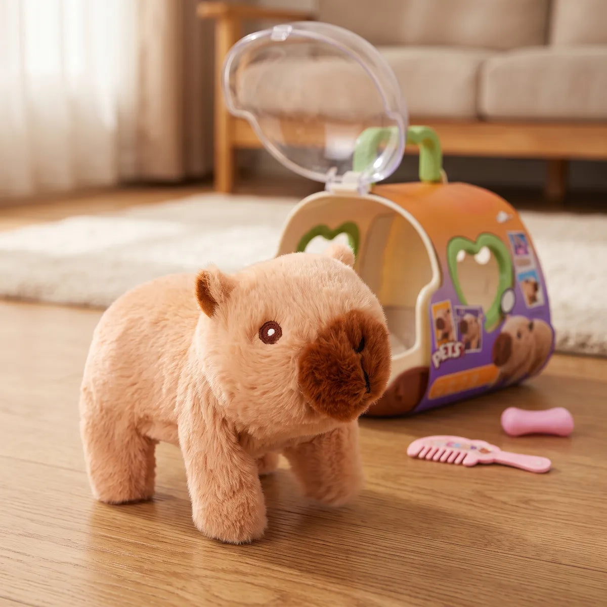 Brown walking capybara toy standing on a living room wood floor with the orange and purple case open behind it