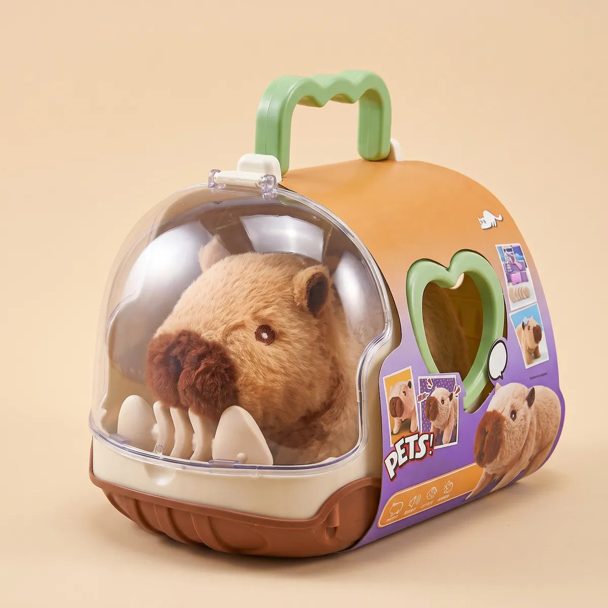 Brown walking capybara toy tucked inside the case behind its clear dome front, the green heart grip visible on the side panel
