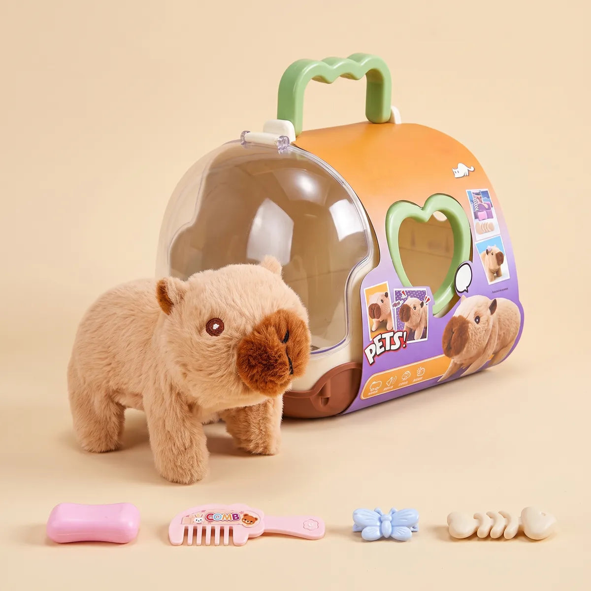Brown walking capybara toy in front of the orange and purple case, with a pink soap bar, a pink comb, a blue butterfly and a cream fish skeleton laid out on the floor
