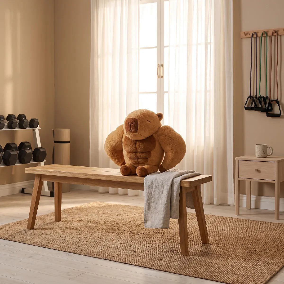 Buff capybara plush sitting on a wooden bench in a home gym beside a dumbbell rack