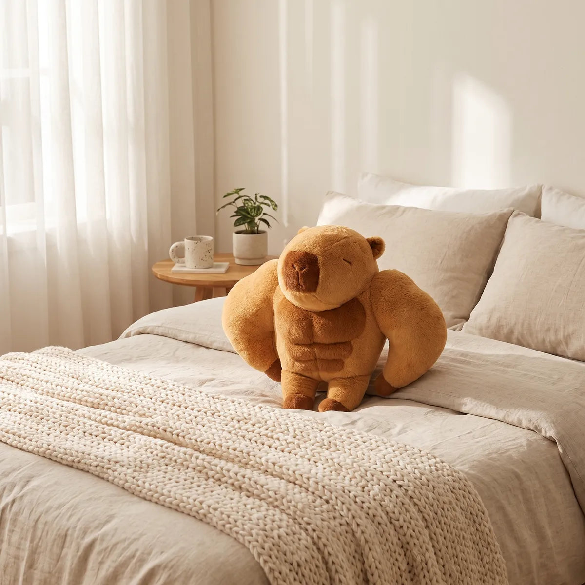 Buff capybara plush sitting on a made bed with linen bedding and a chunky knit throw