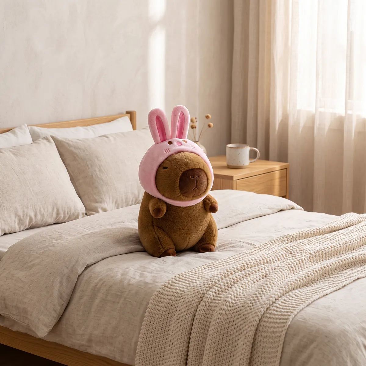 Bunny capybara plush sitting on a linen bed