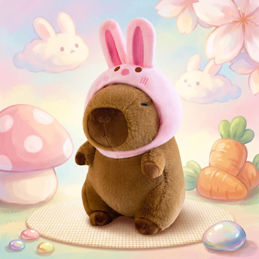 Bunny capybara plush in an illustrated pastel meadow with carrots and mushrooms