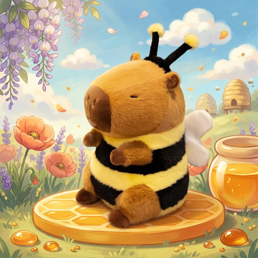 Capybara bee plush sitting on a honeycomb disc in an illustrated meadow with a honey jar and beehives